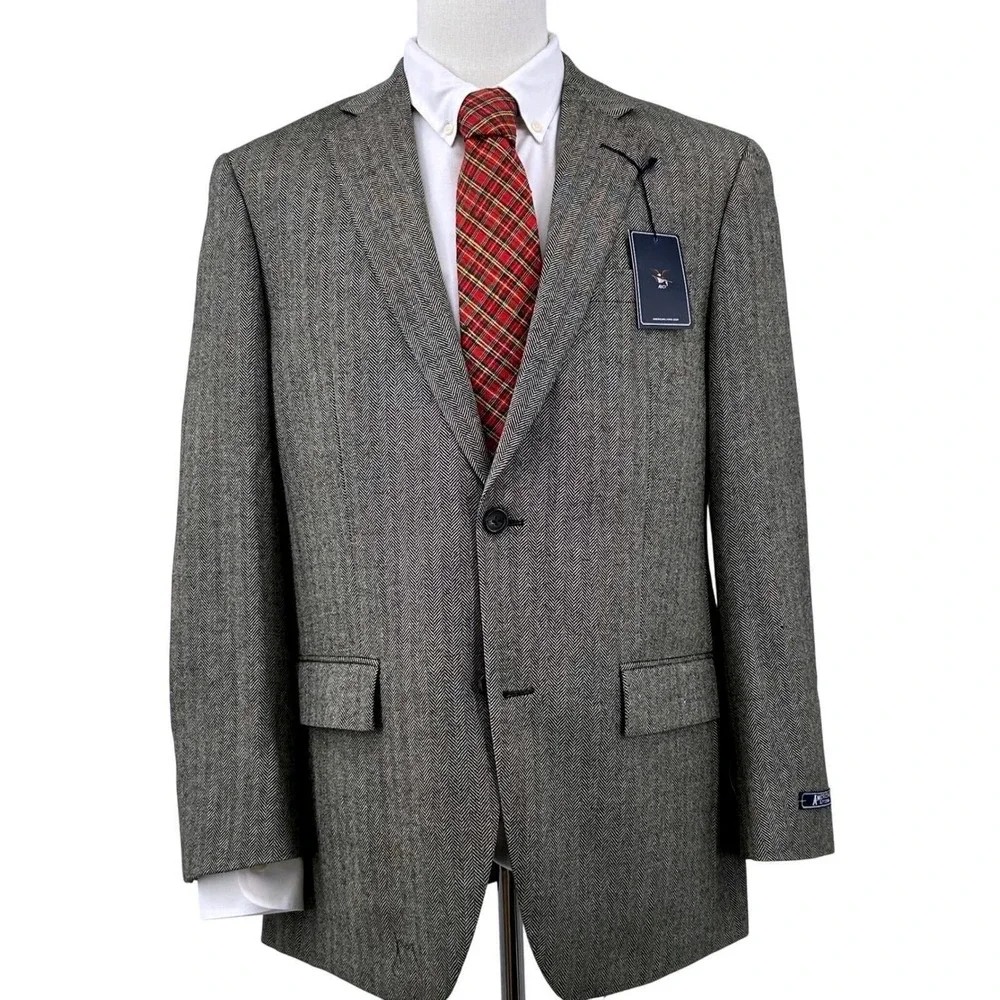Mens Classic Herringbone Wool Blazer 40R Grey‎ Sport Coat American Living